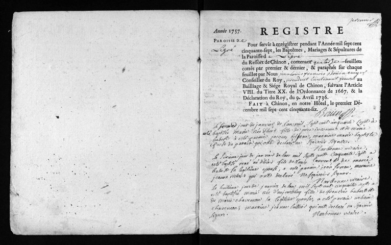 Collection du greffe. Baptêmes, mariages, sépultures, 1757