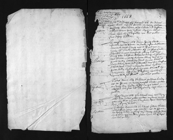 Collection du greffe. Baptêmes, mariages, sépultures, 1668