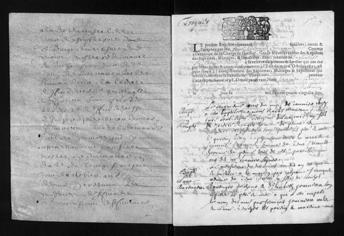 Collection du greffe. Baptêmes, mariages, sépultures, 1698 - Les années 1693-1697 sont lacunaires dans les deux collections.