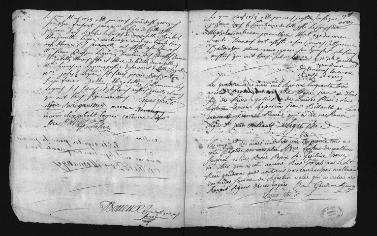 Collection du greffe. Baptêmes, mariages, sépultures, 7mars 1753-1er janvier 1754