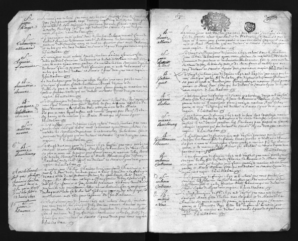 Collection communale. Baptêmes, mariages, sépultures, 1692-1697. Contient une table alphabétique des baptêmes