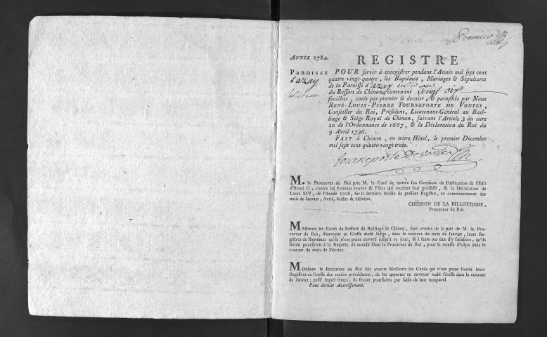 Collection du greffe. Baptêmes, mariages, sépultures, 1784