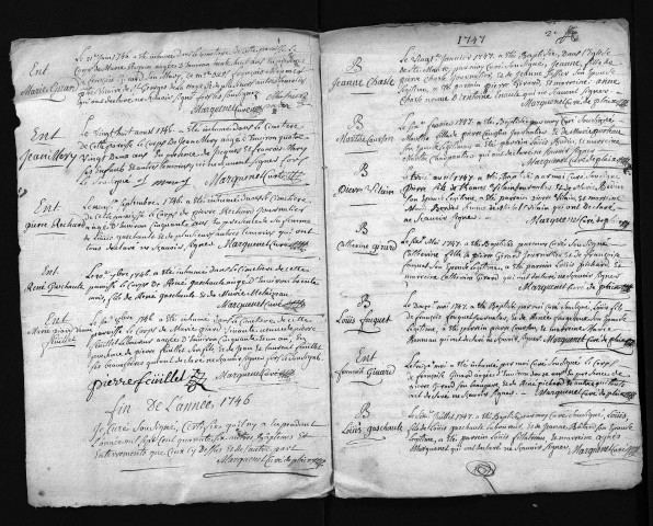 Collection du greffe. Baptêmes, mariages, sépultures, 1746-janvier 1749