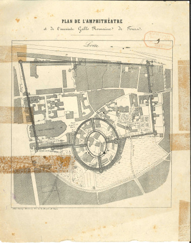 Plan de l'amphithéâtre et de l'enceinte gallo-romaine de Tours. Lithographie Clarey-Martineau.
