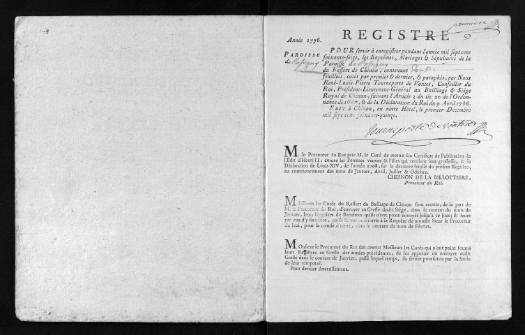 Collection du greffe. Baptêmes, mariages, sépultures, 1776