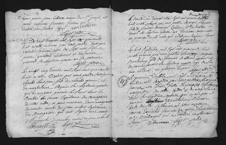 Collection du greffe. Baptêmes, mariages, sépultures, 10 août 1748-22 janvier 1749