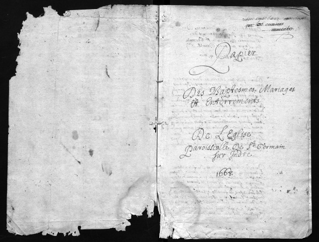 Collection communale. Baptêmes, mariages, sépultures, 1668-1699. Contient la liste des curés de Saint-Germain de 1442 à 1671