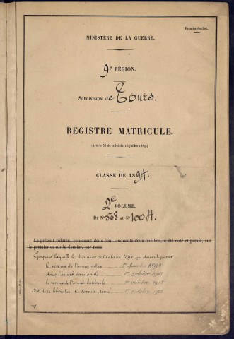 Classe 1894. Matricules n°503-1004