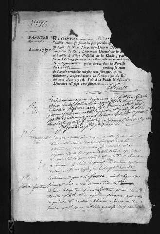 Collection du greffe. Baptêmes, mariages, sépultures, 1770