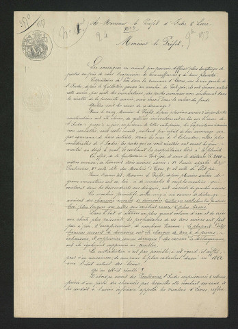 Dossier concernant les "pétitions de divers propriétaires d'Esvres tendant à faire augmenter le débouché des vannes de décharge et de l'abaissement des déversoirs aux moulins des Poulineries et de Porte Joie". (1853-1863)