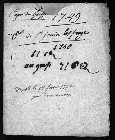 Collection du greffe. Baptêmes, mariages, sépultures, 1749-1751