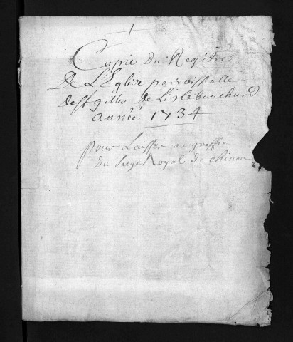 Collection du greffe. Baptêmes, mariages, sépultures, 1734 - L'année 1733 est lacunaire dans cette collection