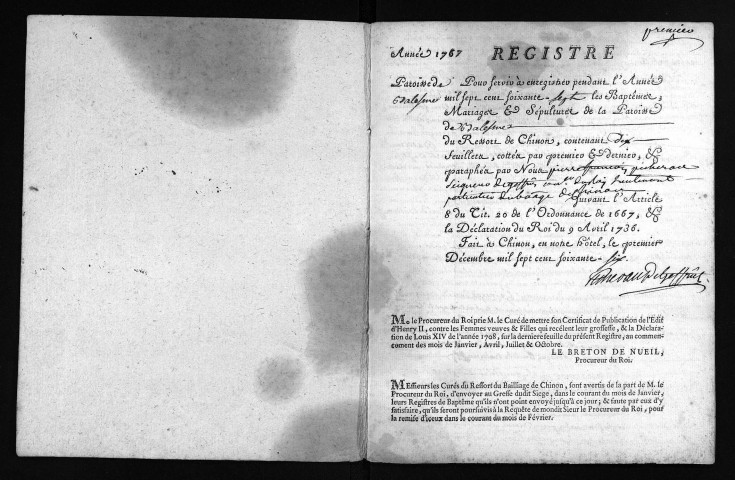 Collection du greffe. Baptêmes, mariages, sépultures, 1767