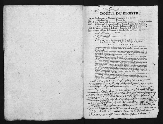 Collection du greffe. Baptêmes, mariages, sépultures, 1771