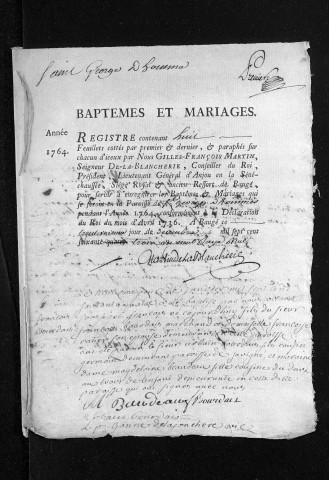 Collection du greffe. Baptêmes, mariages, 1764-1765