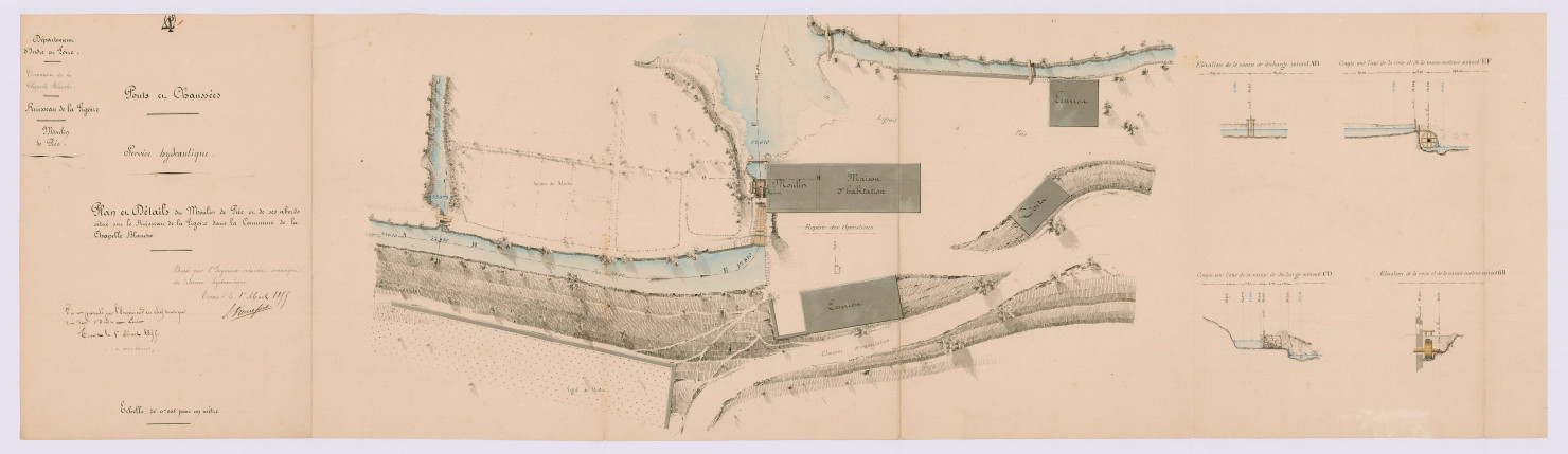 Plan et détails du moulin de Piée et ses abords (1er mars 1855)