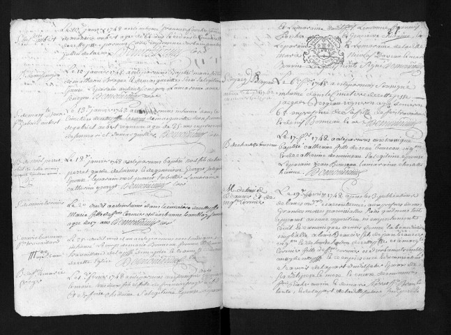 Collection communale. Baptêmes, mariages, sépultures, 1748-1749