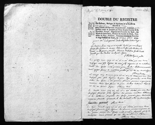 Collection du greffe. Baptêmes, mariages, sépultures, 1759