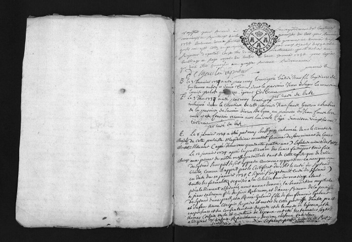 Collection du greffe. Baptêmes, mariages, sépultures, 1734