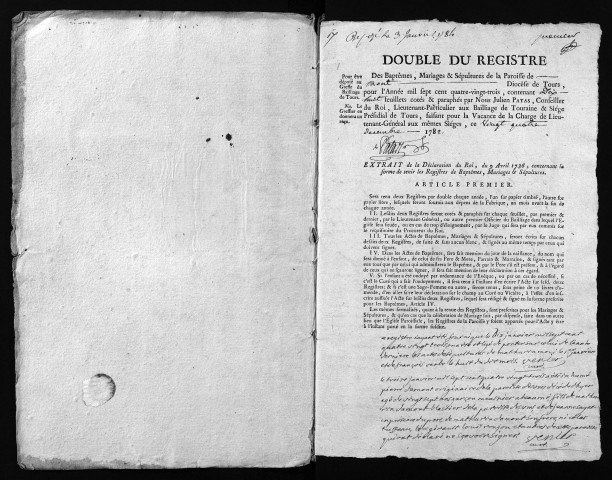 Collection du greffe. Baptêmes, mariages, sépultures, 1783