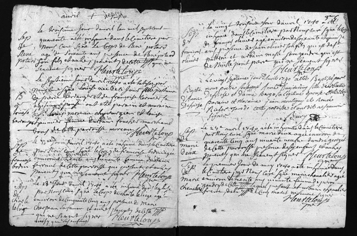 Collection du greffe. Baptêmes, mariages, sépultures, 1740