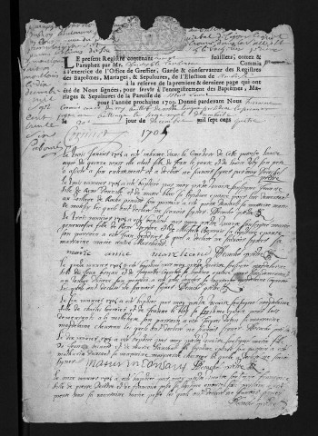 Collection du greffe. Baptêmes, mariages, sépultures, 1705