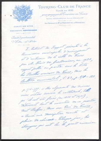 Extraits de rapports de 1920 et de 1923 sur papier à en-tête du Touring-Club de France (1/2).
