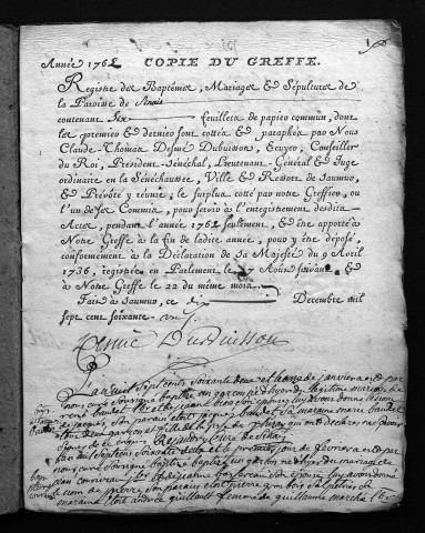 Collection du greffe. Baptêmes, mariages, sépultures, 1762