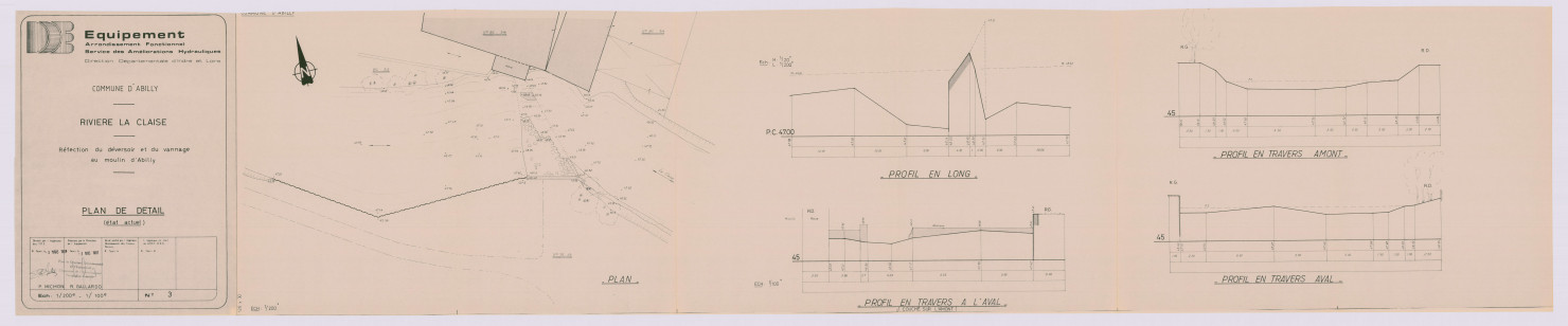 Réfection du déversoir et du vannage au moulin d'Abilly. Plan de détail (état actuel) (3 mars 1987)