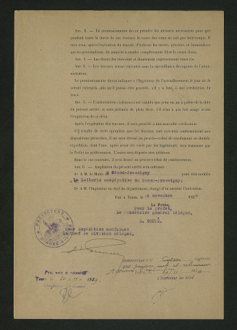 Arrêté préfectoral concernant les réparations des vannages (1er septembre 1929)