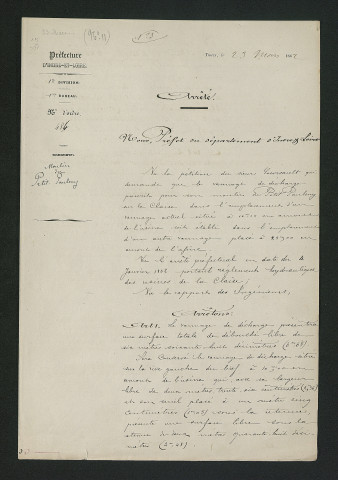 Pétition du propriétaire concernant le vannage de décharge de son moulin (23 mars 1862)