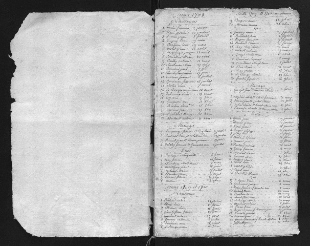 Collection du greffe.Table chronologique des baptêmes, mariages, sépultures et des naissances, mariages, décès, 1708-1807