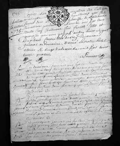 Collection du greffe. Baptêmes, mariages, sépultures, 1735