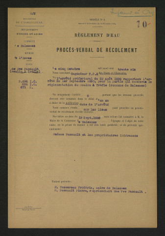 Procès-verbal de récolement des travaux (5 octobre 1936)