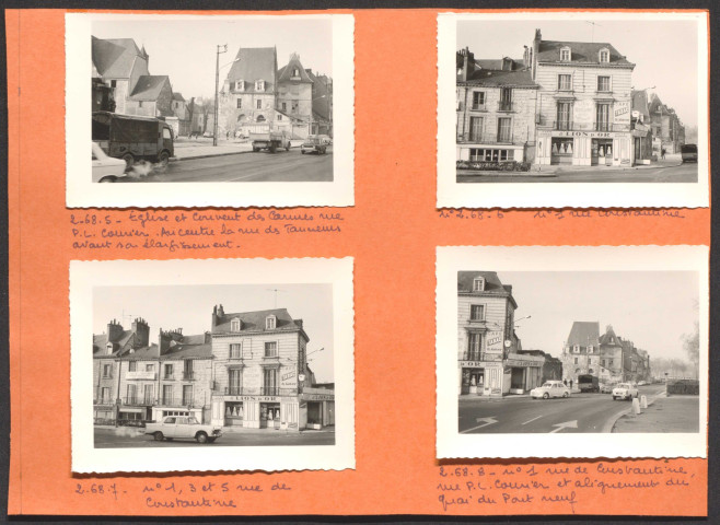 Église et couvent des Carmes rue Paul-Louis Courier. Au centre la rue des Tanneurs avant son élargissement ; 1 rue Constantine ; 1,3 et 5 rue de Constantine ; 1 rue de Constantine, rue Paul-Louis Courier et alignement du quai du Pont Neuf.