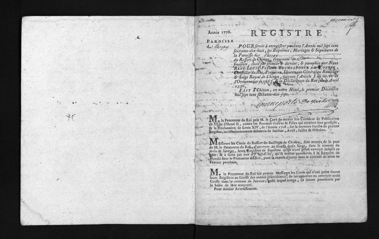 Collection du greffe. Baptêmes, mariages, sépultures, 1778