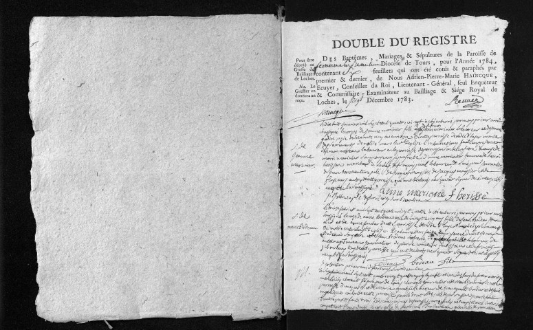 Collection du greffe. Baptêmes, mariages, sépultures, 1784