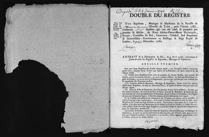 Collection du greffe. Baptêmes, mariages, sépultures, 1787