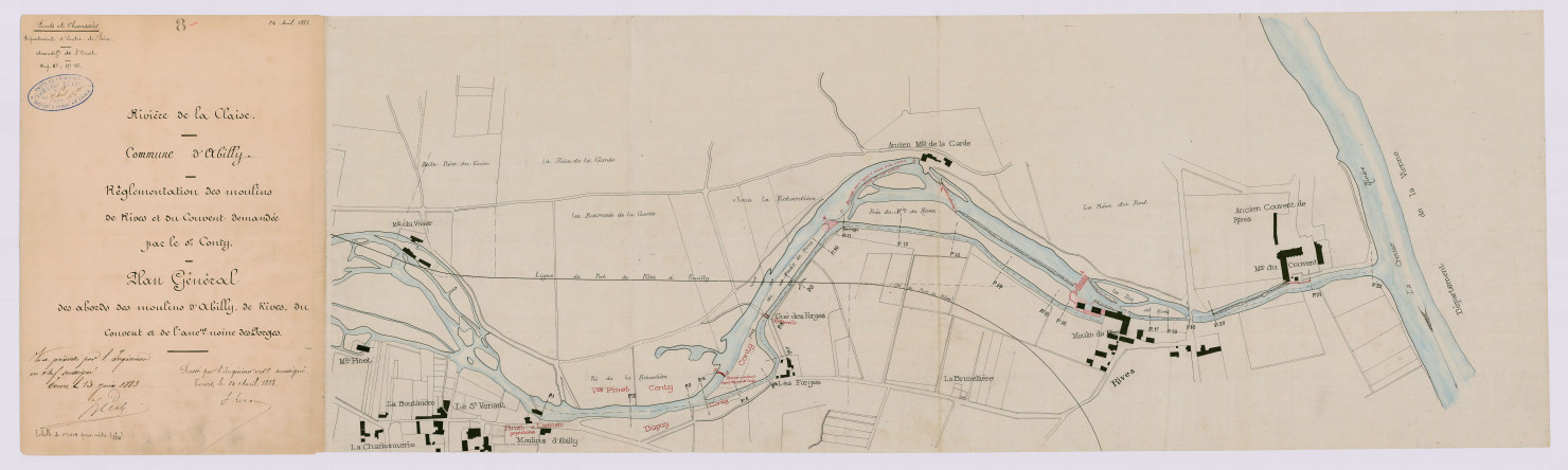 Plan général des moulins d'Abilly, de Rives, du Couvent et de l'ancienne usine des Forges (24 avril 1883)