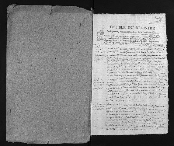 Collection du greffe. Baptêmes, mariages, sépultures, 1791