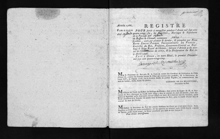 Collection du greffe. Baptêmes, mariages, sépultures, 1786