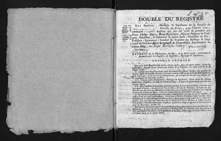 Collection du greffe. Baptêmes, mariages, sépultures, 1790