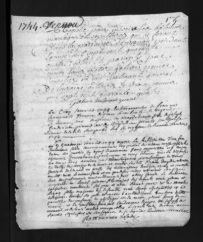 Collection du greffe. Baptêmes, mariages, sépultures, 1744 - Les années 1742-1743 sont lacunaires dans cette collection