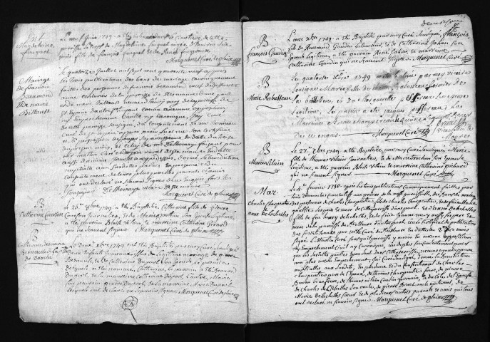 Collection du greffe. Baptêmes, mariages, sépultures, mars 1749-1750