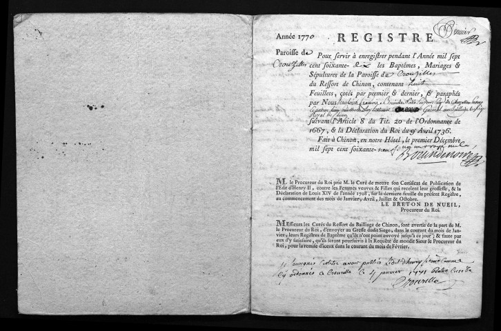 Collection du greffe. Baptêmes, mariages, sépultures, 1770