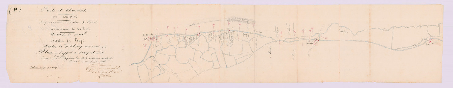 Plan à l'appui d'une demande de M. Lemaistre, propriétaire du moulin de Bourreau, concernant la fixation de la hauteur de la retenue des eaux du moulin de Villebourg (10 octobre 1838)