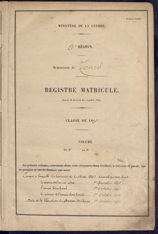 Classe 1893. Matricules n°1-500