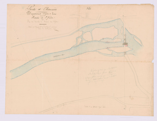 Plans et nivellements du moulin de Beaumer et du cours de l'Indre (20 décembre 1834)