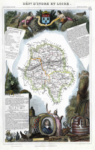 Carte du département d'Indre-et-Loire, atlas national illustré, région de l'Ouest n° 36, gravé par Laguillermie et Rainaud, Paris, Combette, éditeur, Lemercier, imprimeur.