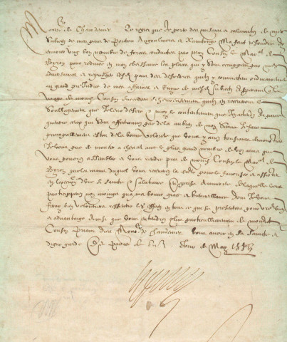 Lettre adressée par Henri III à M. de Champdenier, gentilhomme ordinaire de la Chambre du Roi, lui enjoignant de se joindre avec ses amis à l'armée du maréchal de Biron pour pacifier les pays de Poitou, Augoumois, Saintonge.